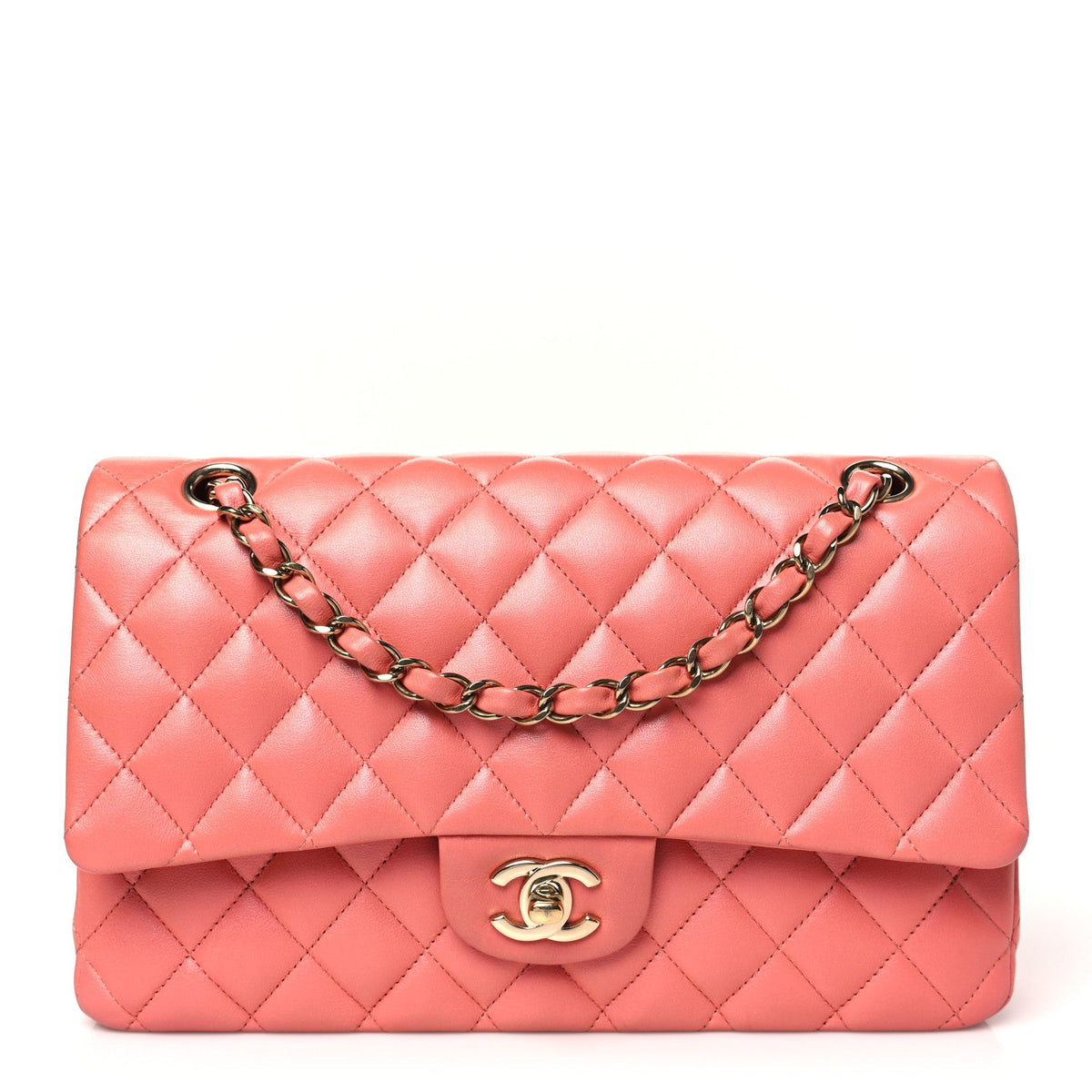 Iridescent Lambskin Quilted Medium Double Flap Pink At My store