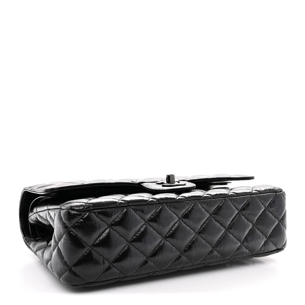Shiny Crumpled Calfskin Quilted Medium Double Flap So Black At My store