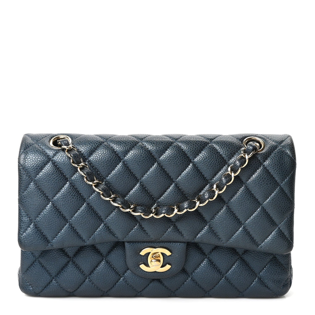 Metallic Caviar Quilted Medium Double Flap Dark Blue At My store