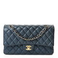 Metallic Caviar Quilted Medium Double Flap Dark Blue At My store