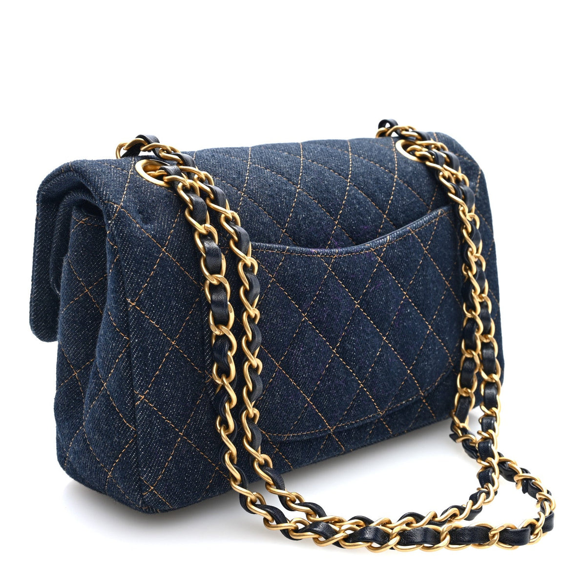Denim Quilted Small Double Flap Dark Blue Orange At My store
