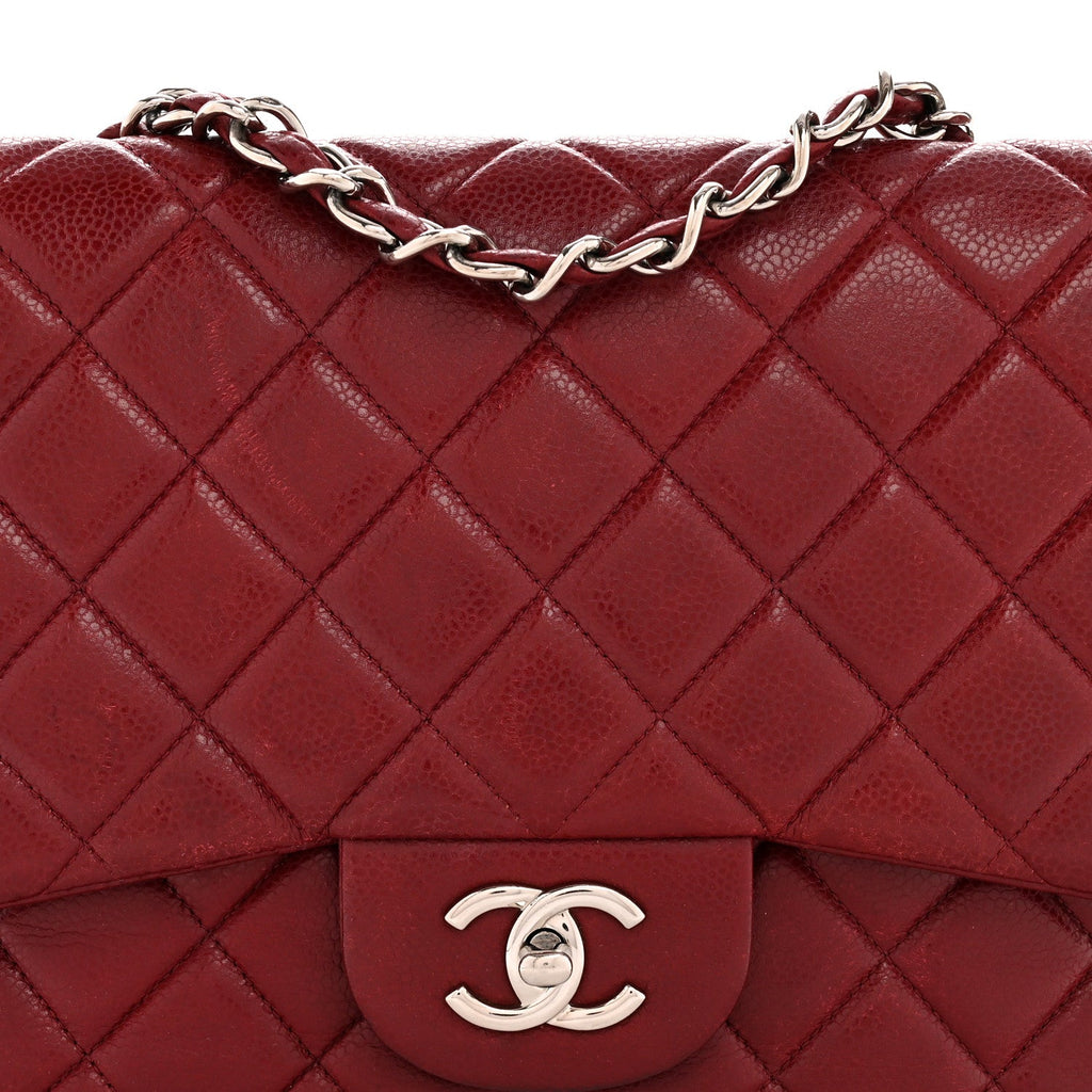Caviar Quilted Jumbo Double Flap Dark Red At My store