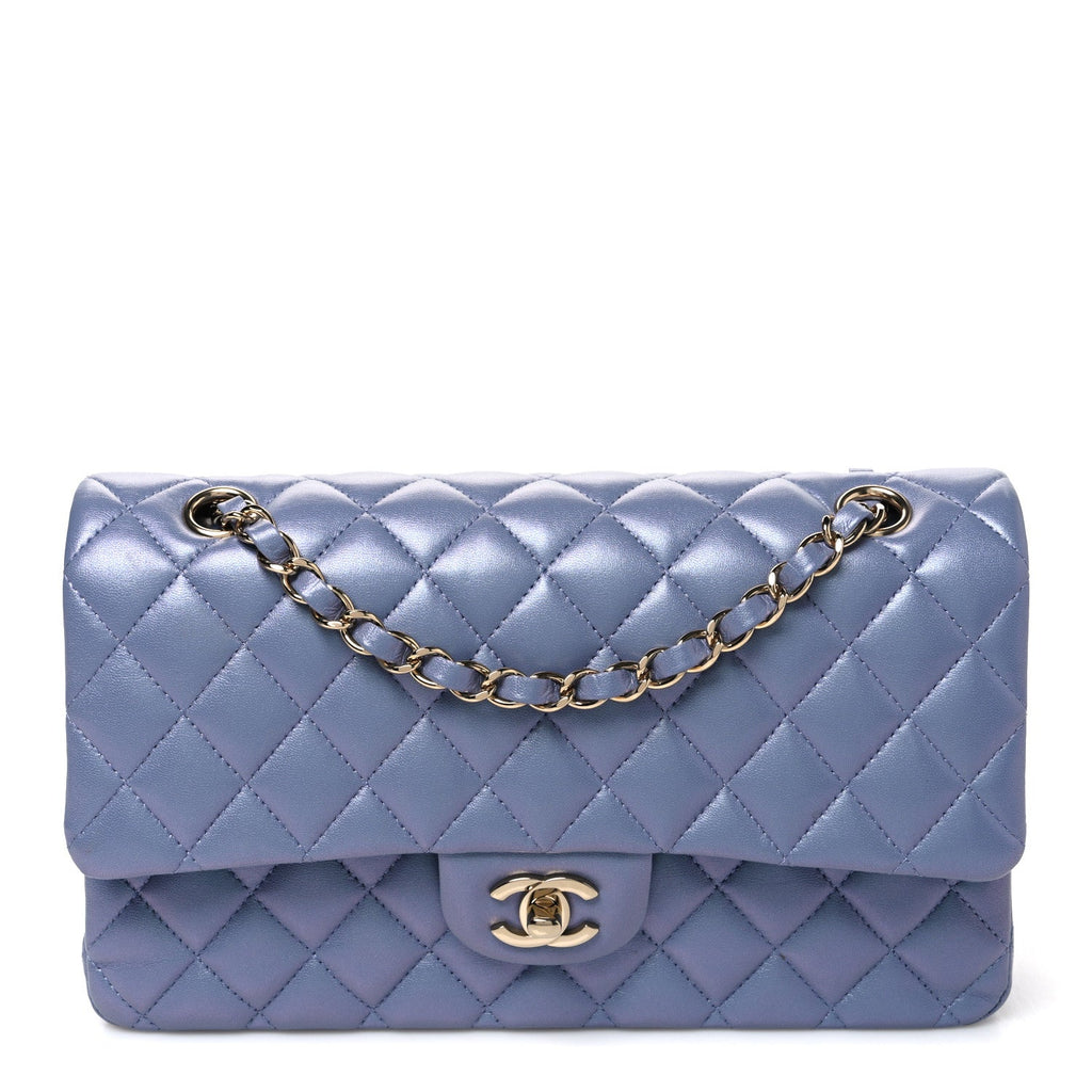 Iridescent Lambskin Quilted Medium Double Flap Light Purple At My store