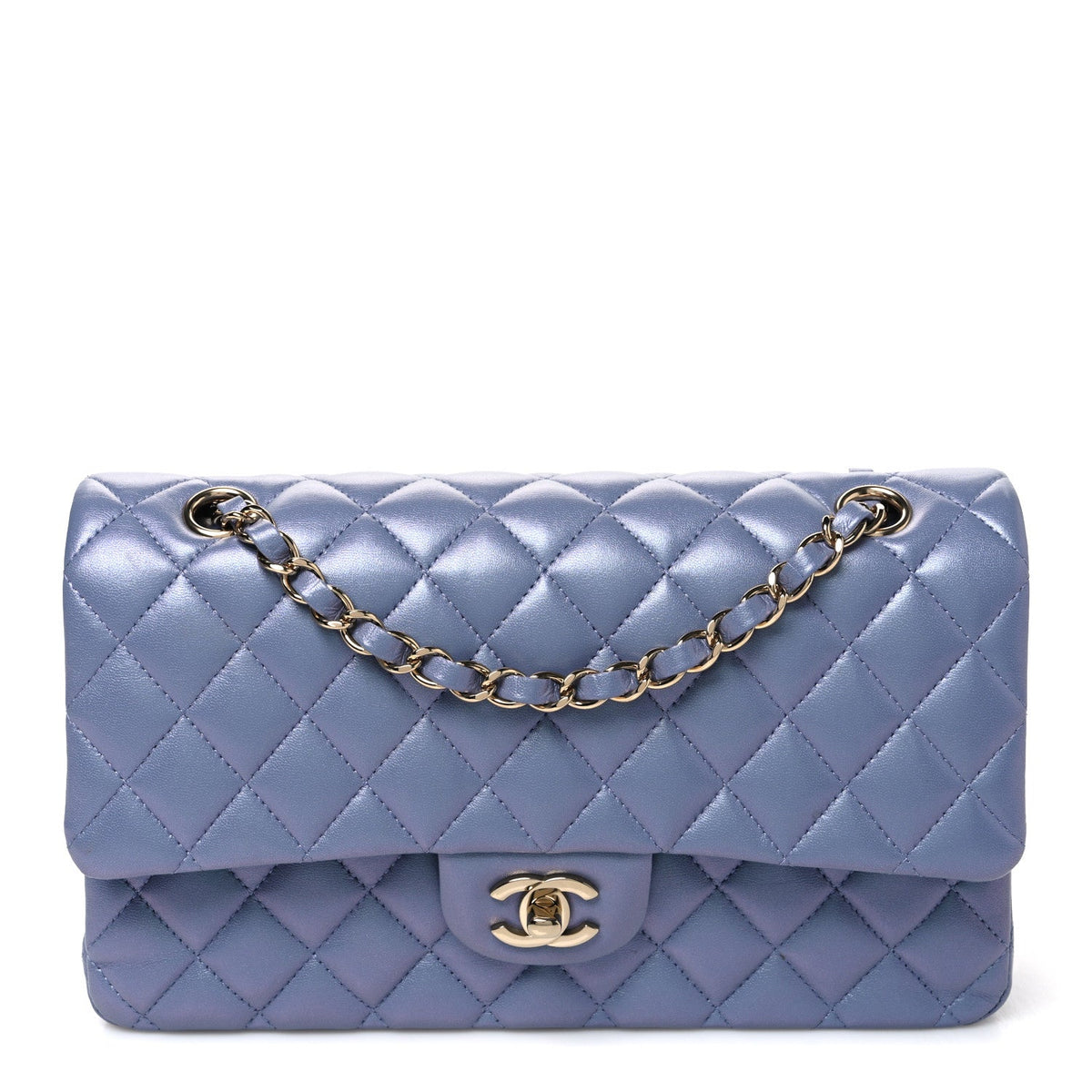 Iridescent Lambskin Quilted Medium Double Flap Light Purple At My store