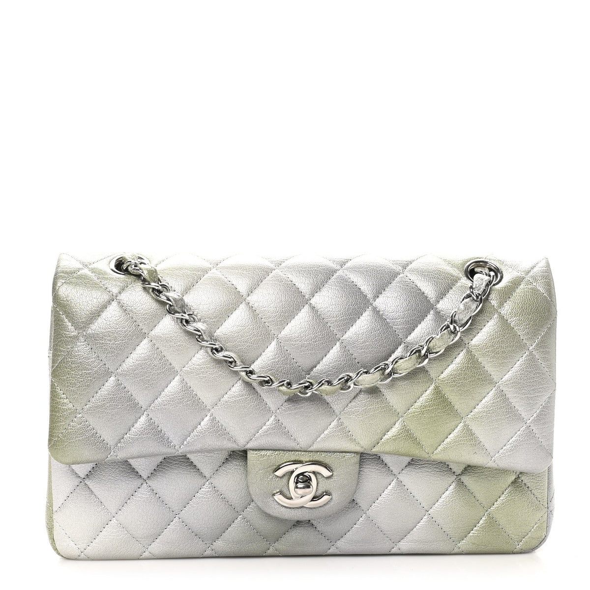 Metallic Goatskin Quilted Ombre Medium Double Flap Grey Green At My store