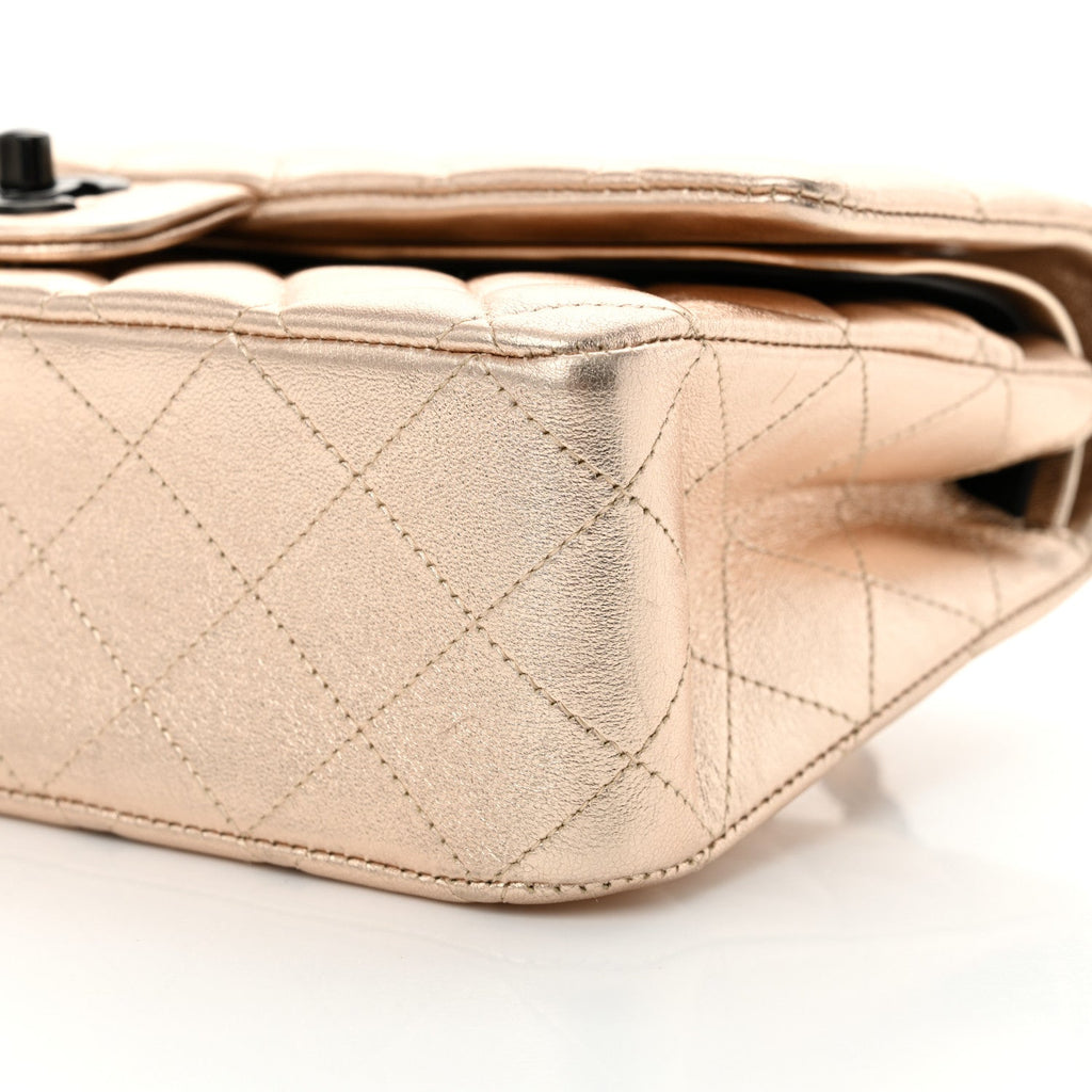 Metallic Lambskin Quilted Medium Double Flap Gold Black At My store