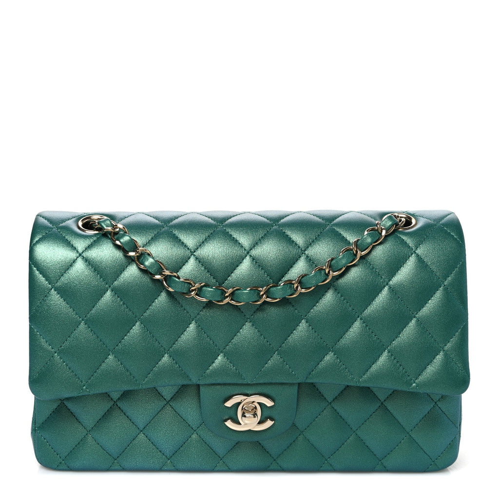 Iridescent Calfskin Quilted Medium Double Flap Green At My store