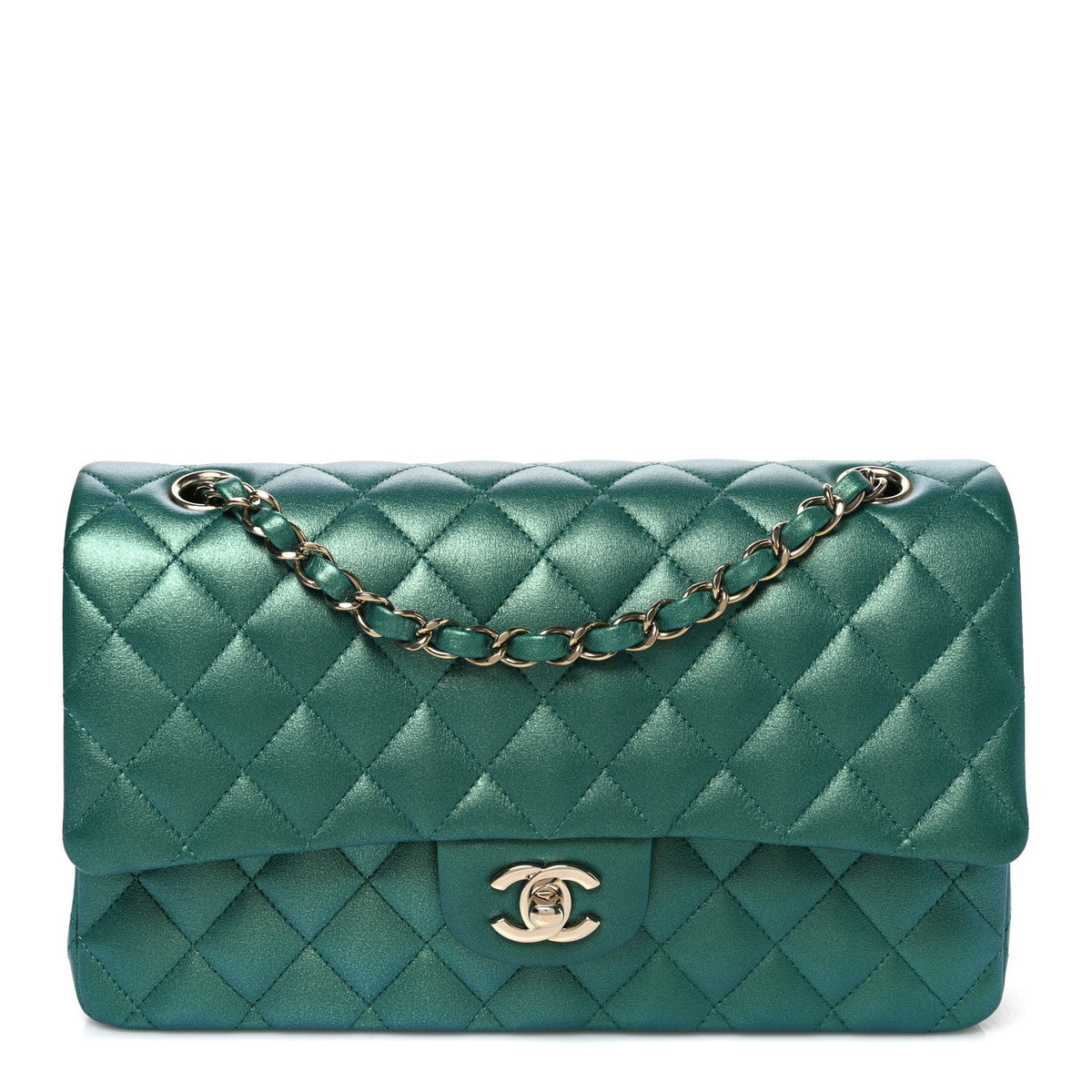 Iridescent Calfskin Quilted Medium Double Flap Green At My store