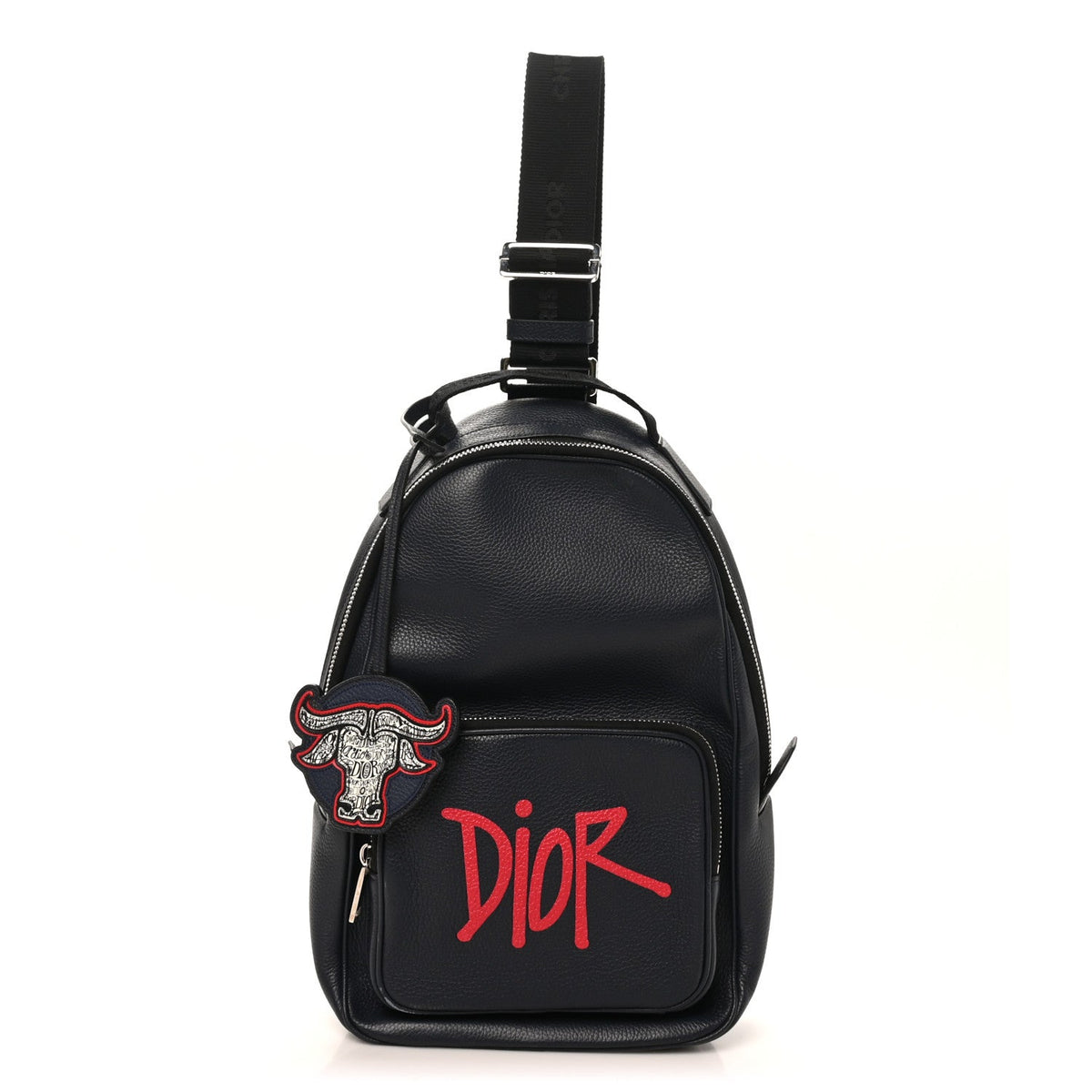 X SHAWN STUSSY Grained Calfskin Ox Head Crossbody Backpack Navy Blue AT My store