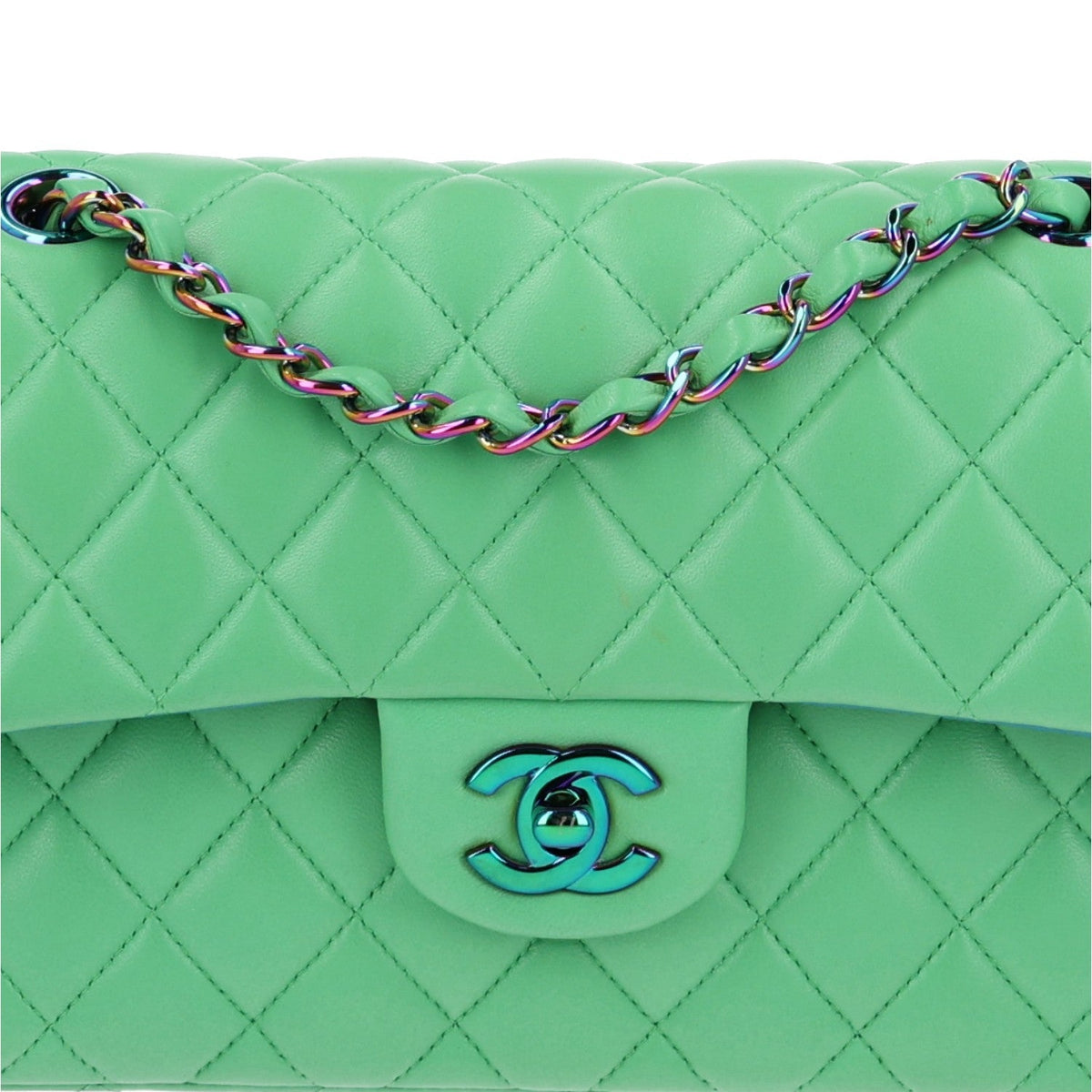 Lambskin Quilted Small Double Flap Green Blue At My store