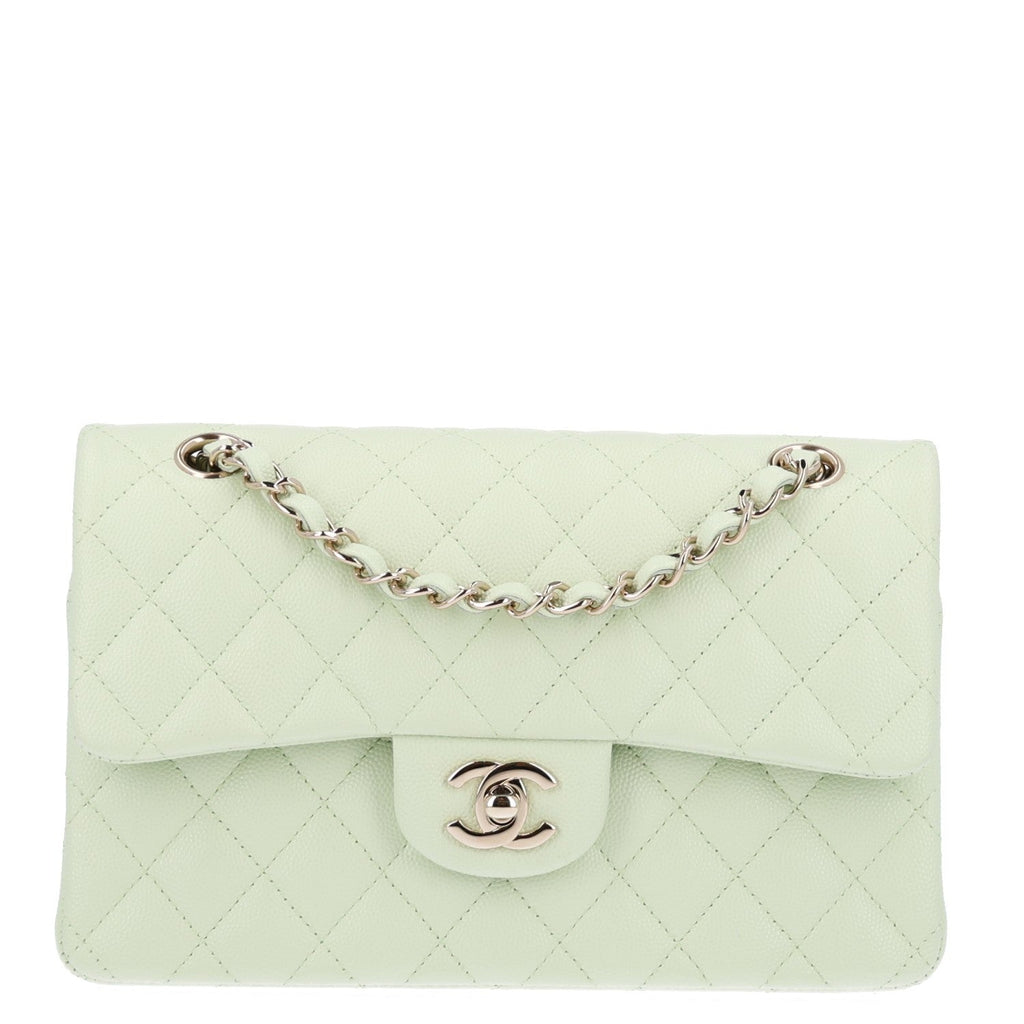 Caviar Quilted Small Double Flap Light Green At My store