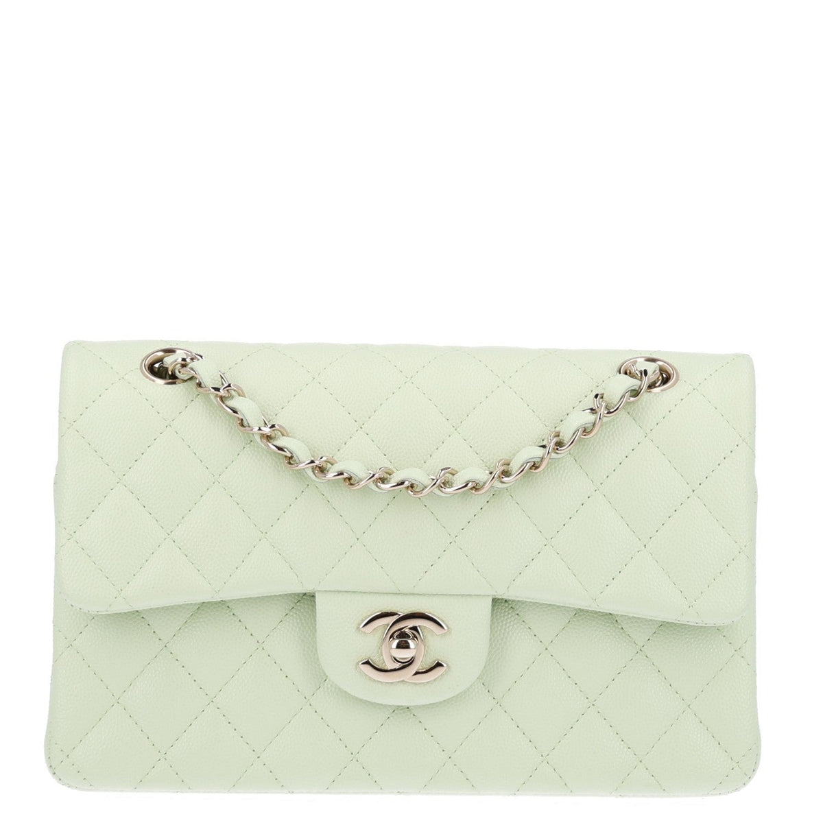 Caviar Quilted Small Double Flap Light Green At My store