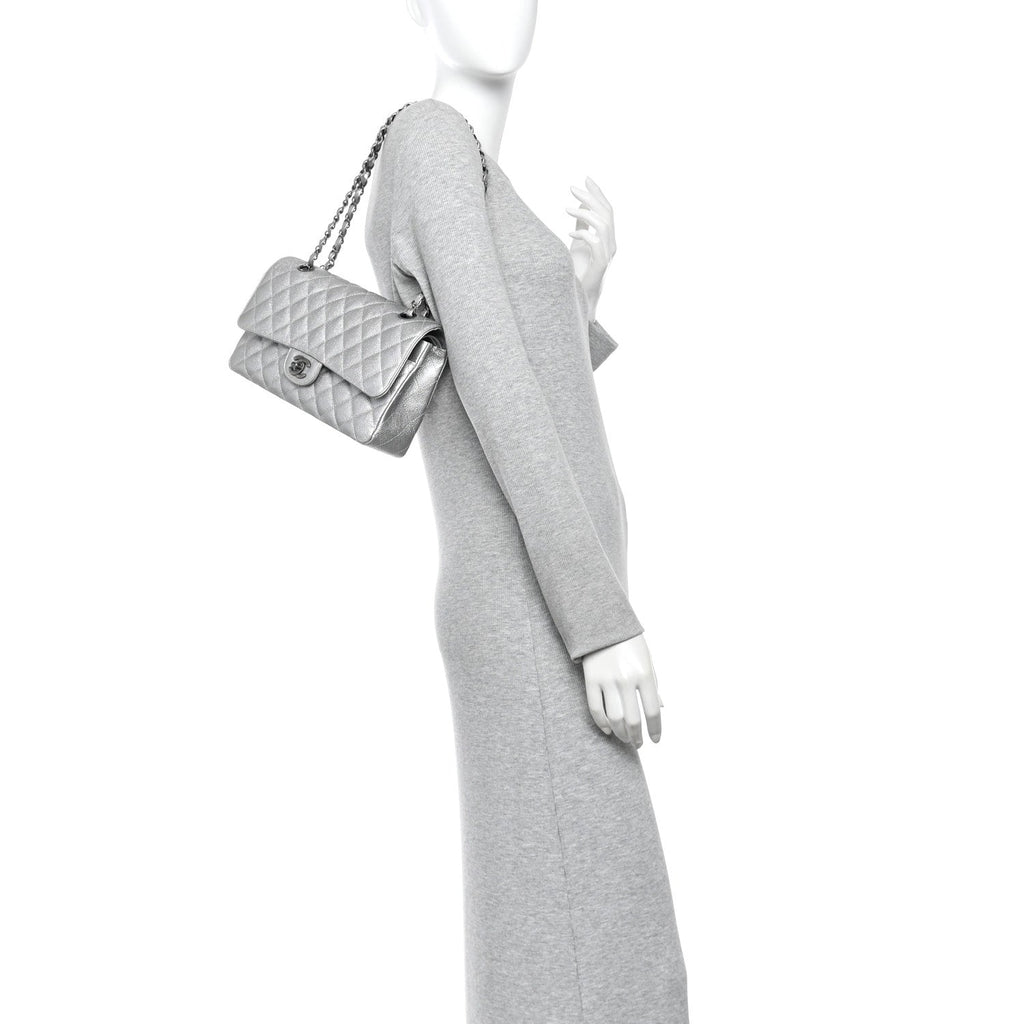 Metallic Caviar Quilted Medium Double Flap Silvery At My store
