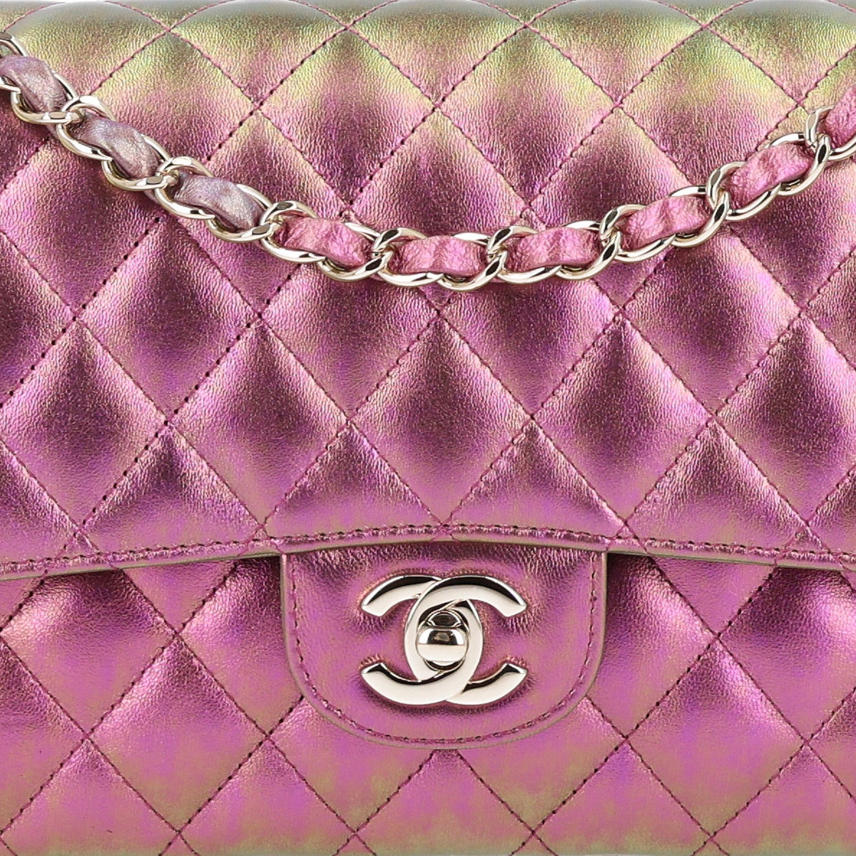 Iridescent Lambskin Quilted Medium Double Flap Purple At My store