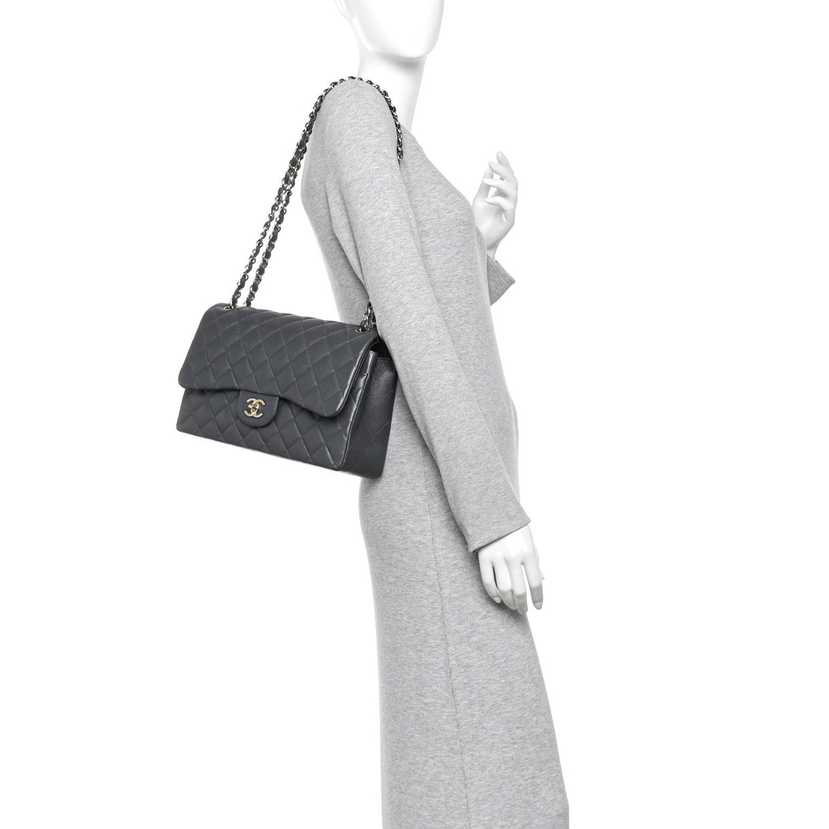 Caviar Quilted Jumbo Double Flap Dark Grey At My store
