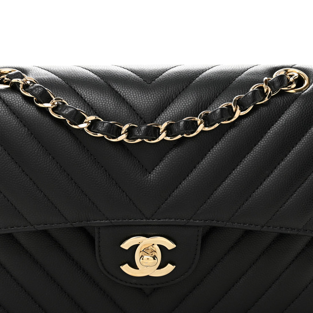 Caviar Flat Chevron Quilted Small Double Flap Black At My store