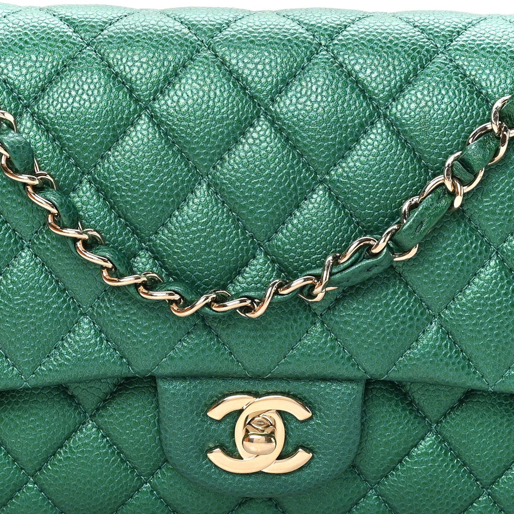 Metallic Caviar Quilted Medium Double Flap Green At My store