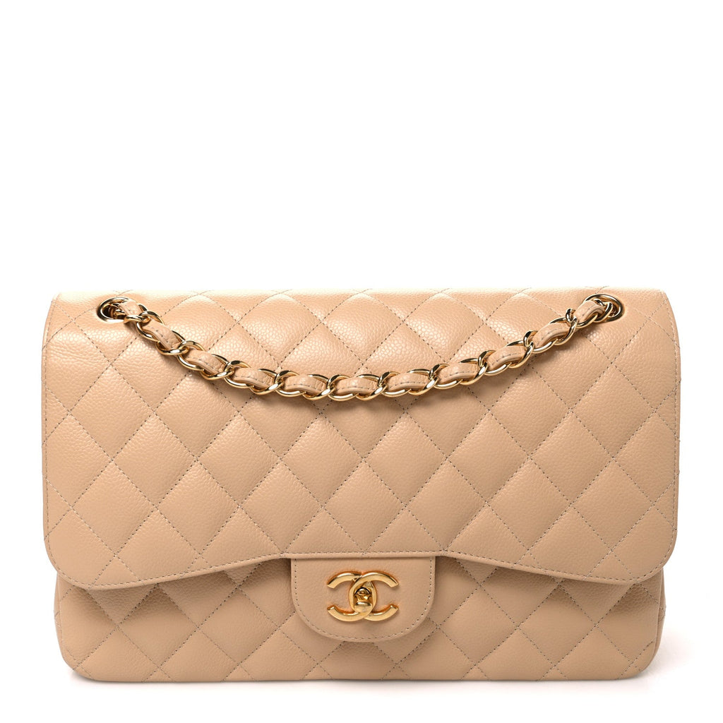 Caviar Quilted Jumbo Double Flap Beige At My store