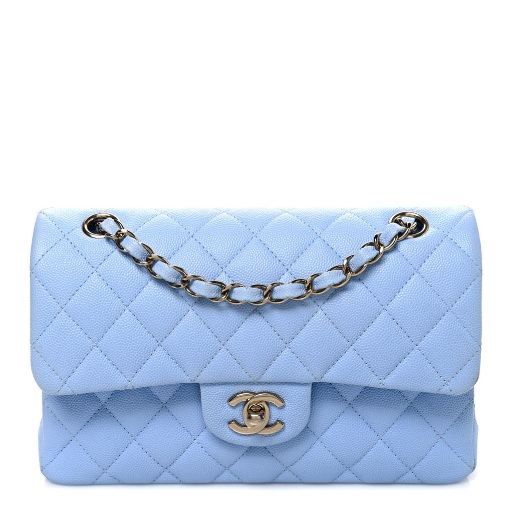 Caviar Quilted Small Double Flap Light Blue At My store