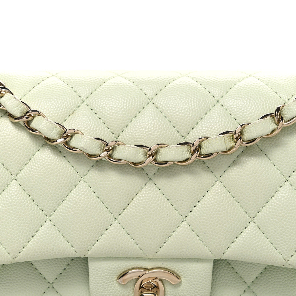 Caviar Quilted Small Double Flap Light Green At My store