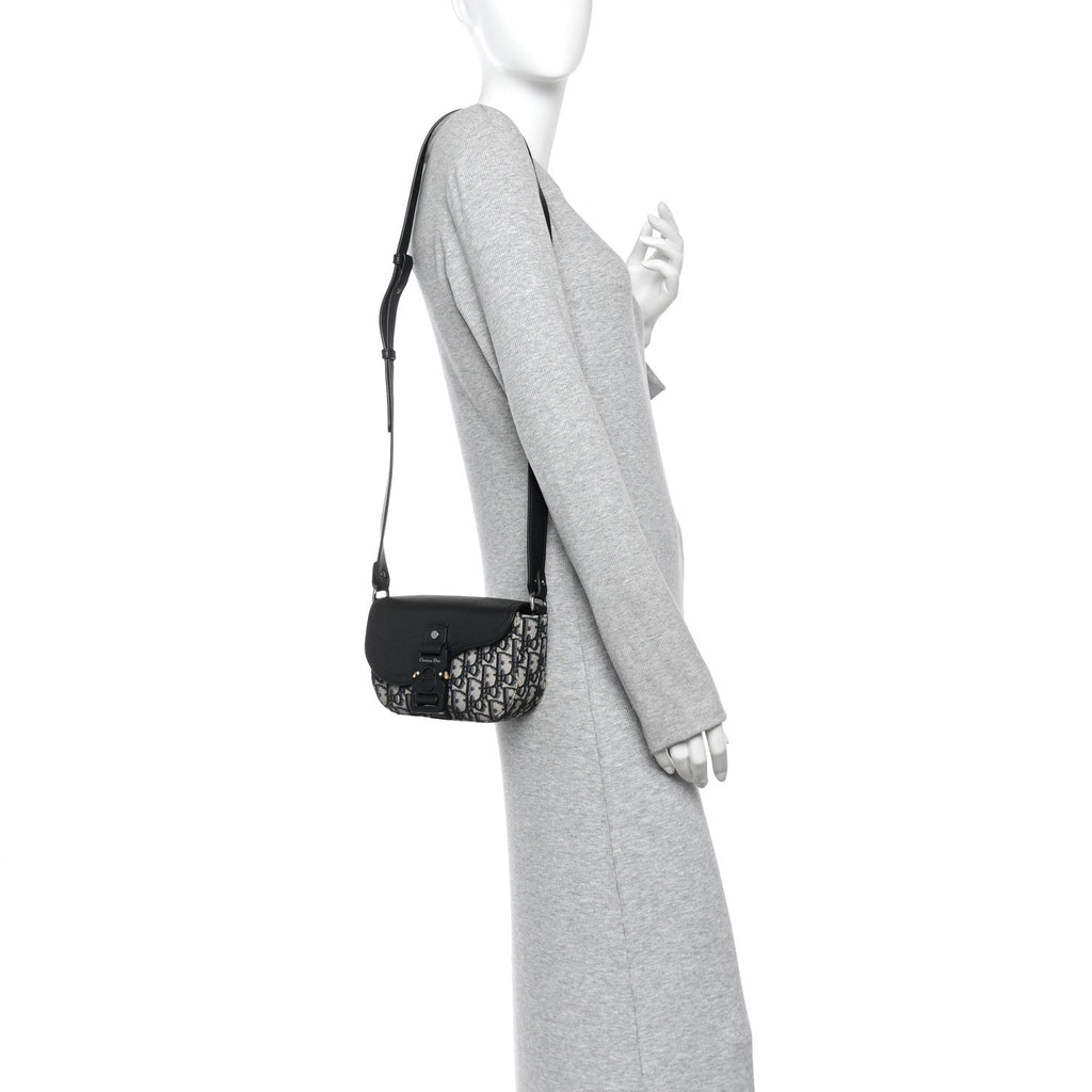 Grained Calfskin Oblique Mini Saddle Messenger Bag With Flap Beige Black AT My store