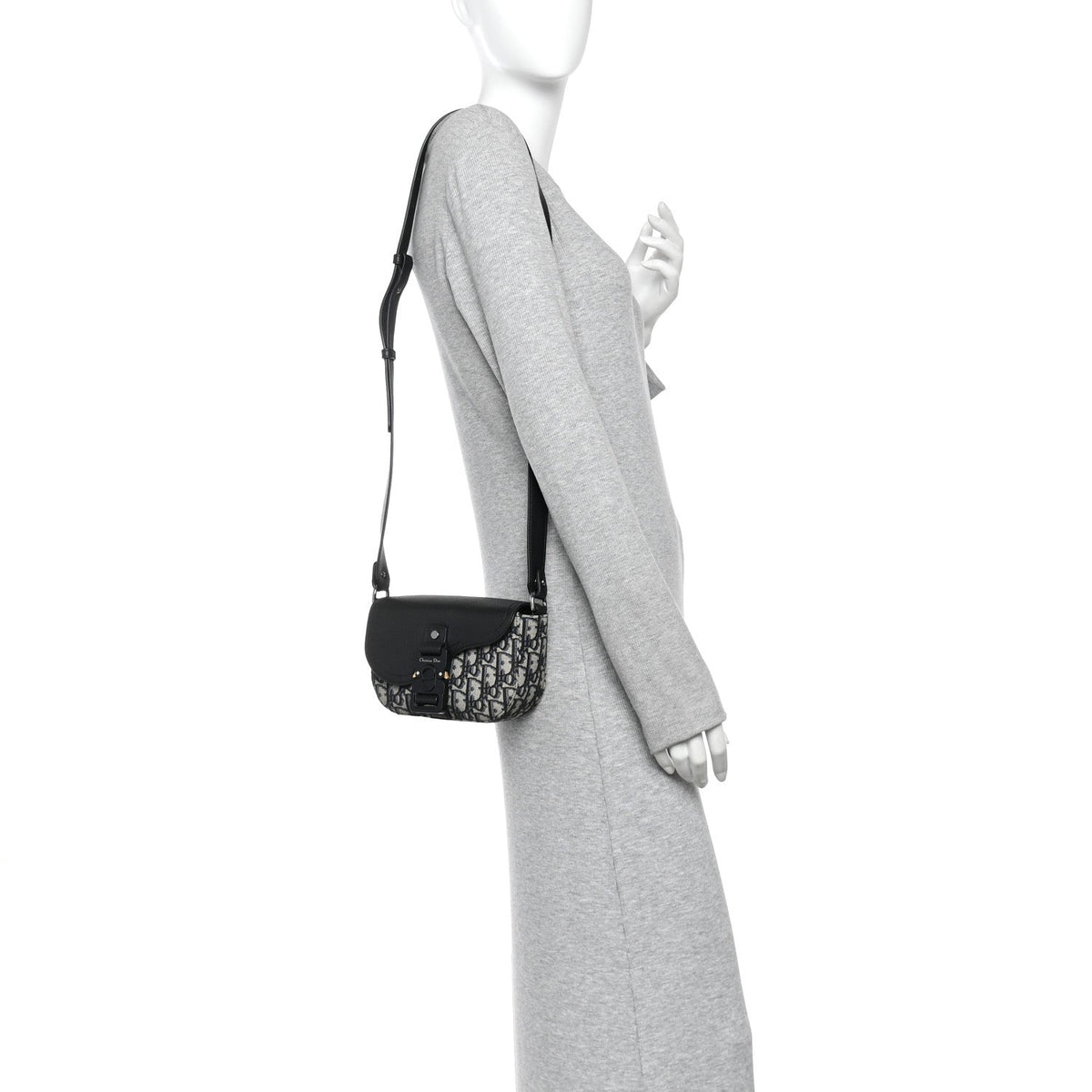 Grained Calfskin Oblique Mini Saddle Messenger Bag With Flap Beige Black AT My store