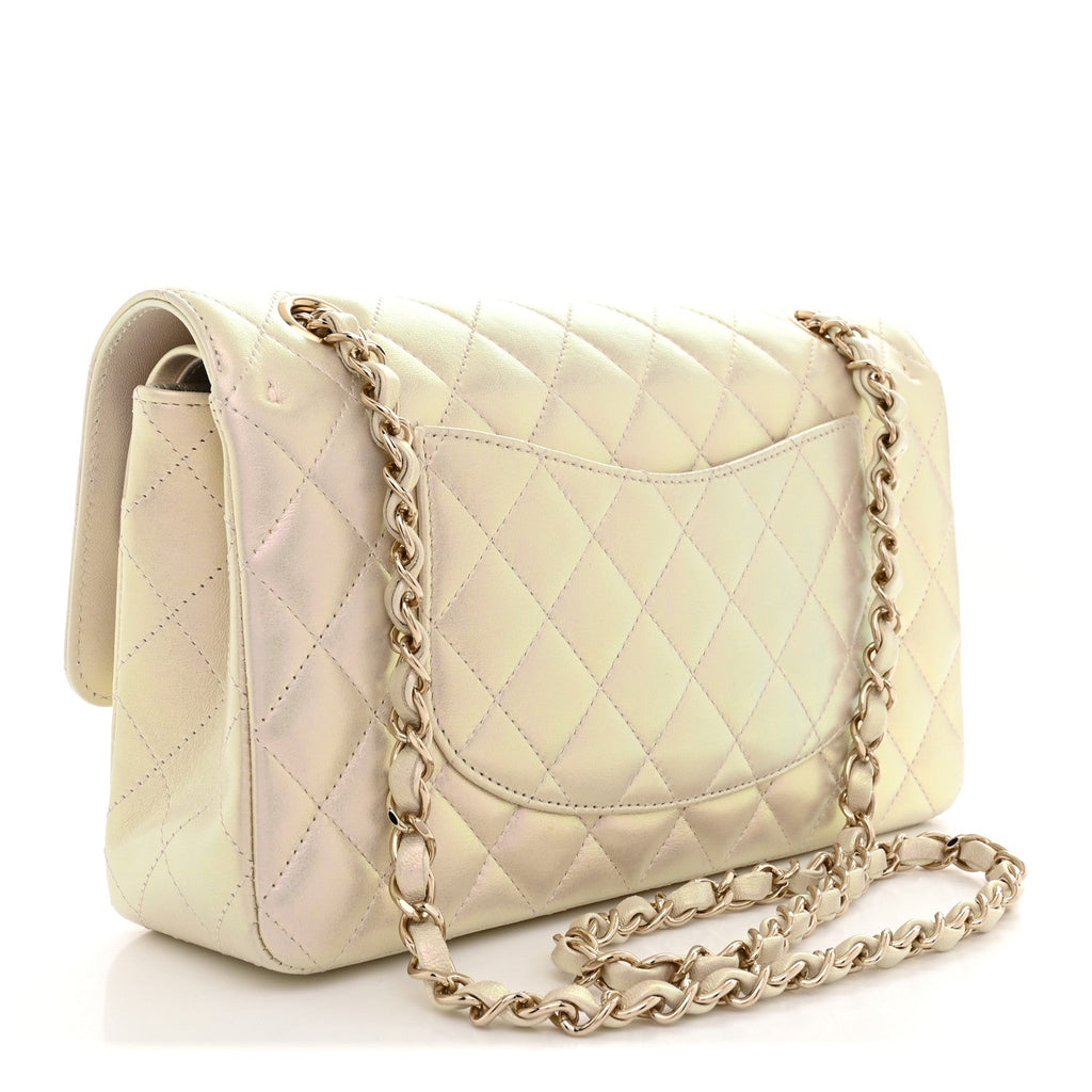 Iridescent Lambskin Quilted Medium Double Flap Ivory At My store
