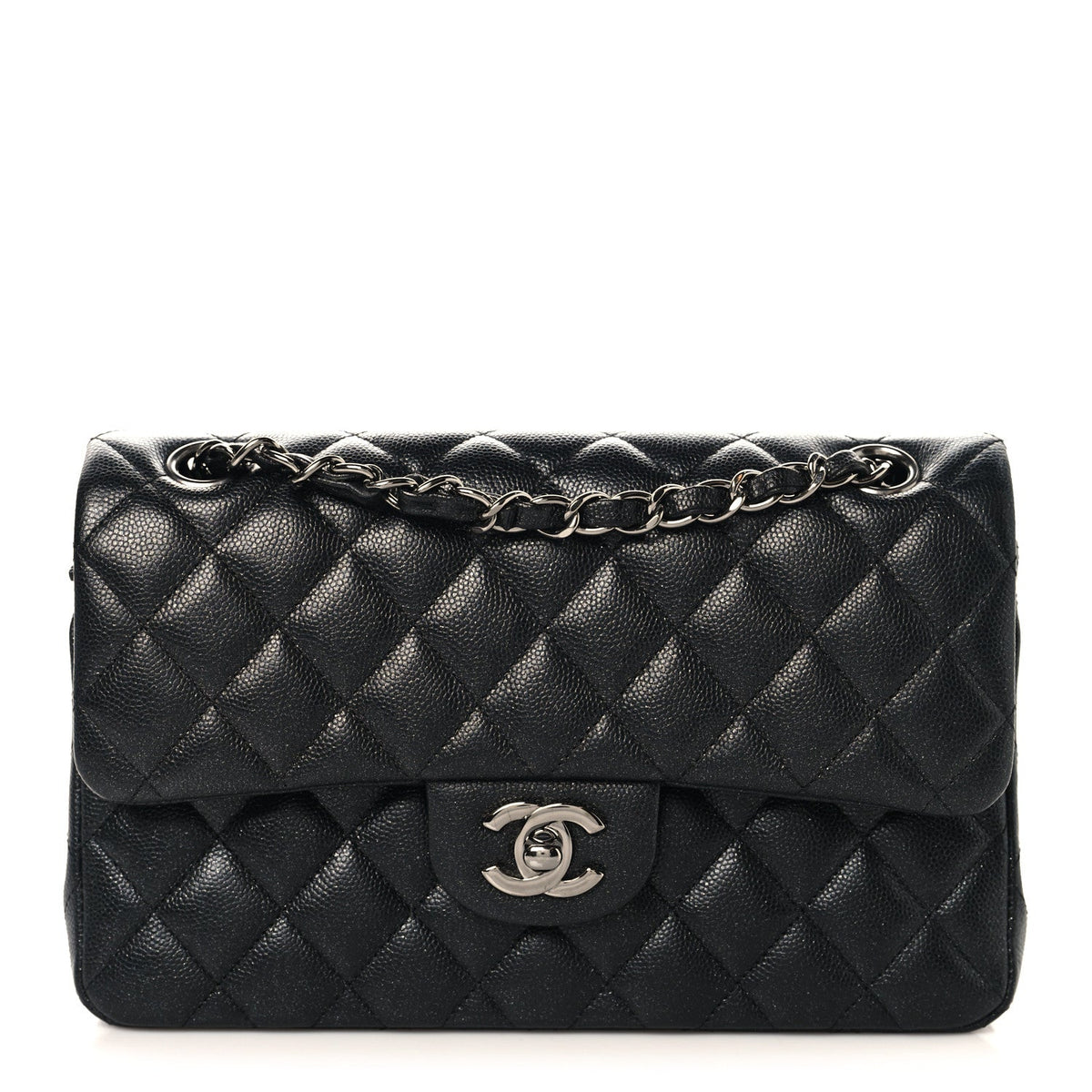 Iridescent Caviar Quilted Small Double Flap Black At My store