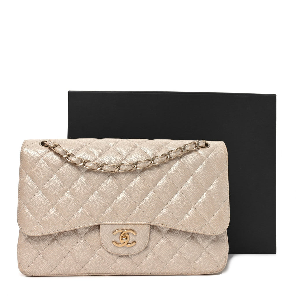 Iridescent Caviar Quilted Jumbo Double Flap Beige At My store