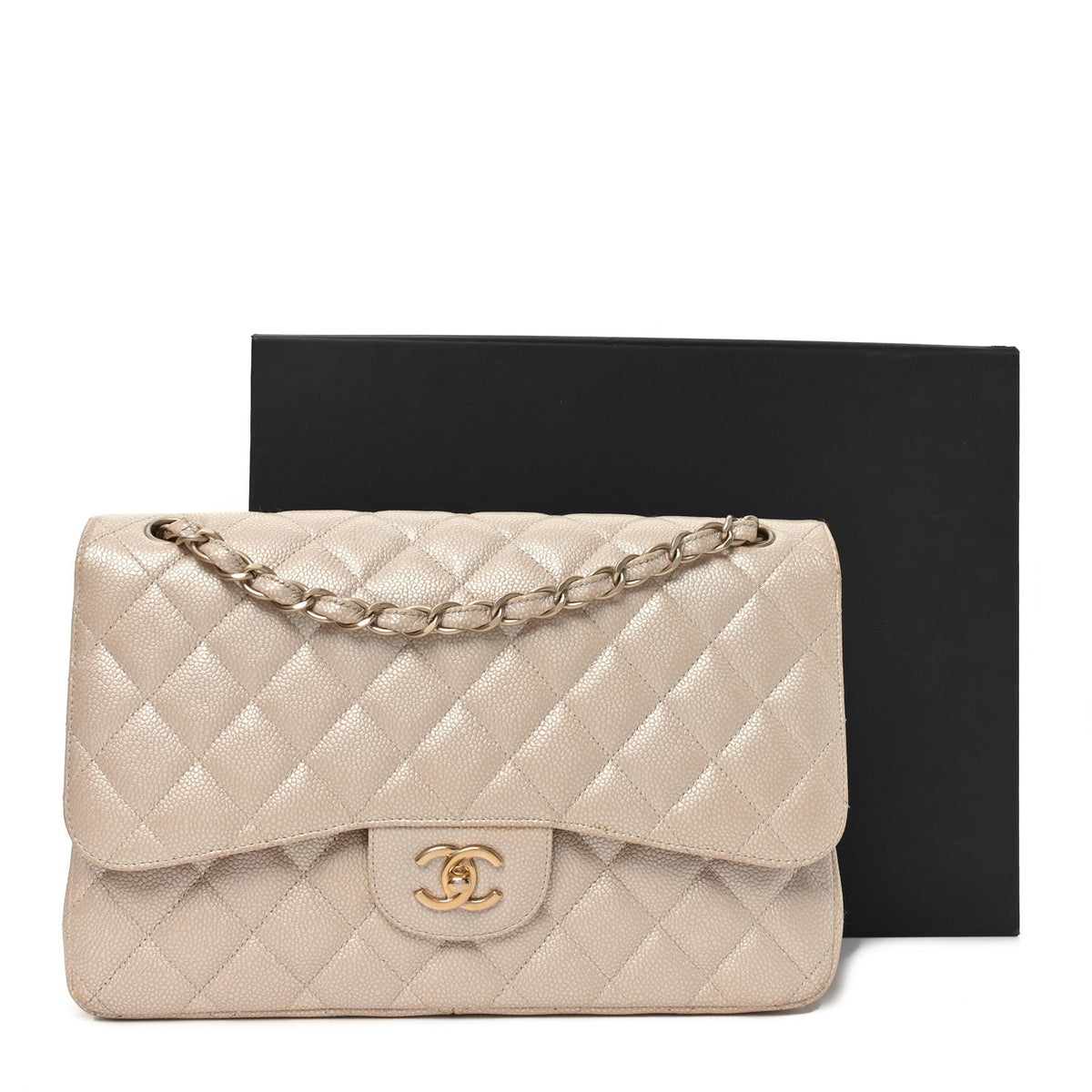 Iridescent Caviar Quilted Jumbo Double Flap Beige At My store