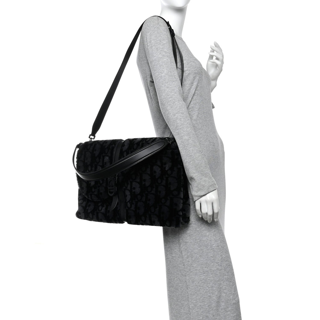 Oblique Mink Fur Saddle Soft Bag Dark Grey AT My store