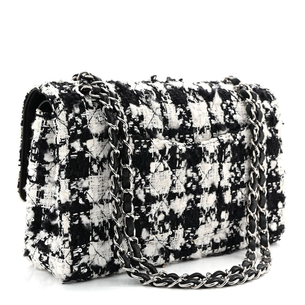 Tweed Sequin Quilted Medium Double Flap Black White At My store