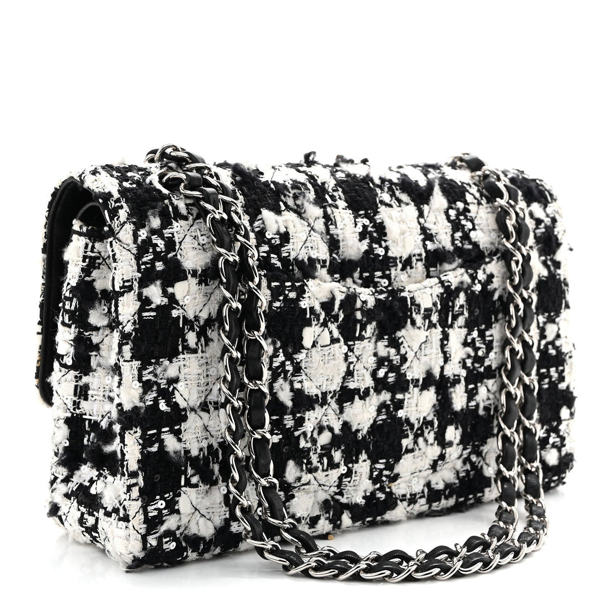 Tweed Sequin Quilted Medium Double Flap Black White At My store