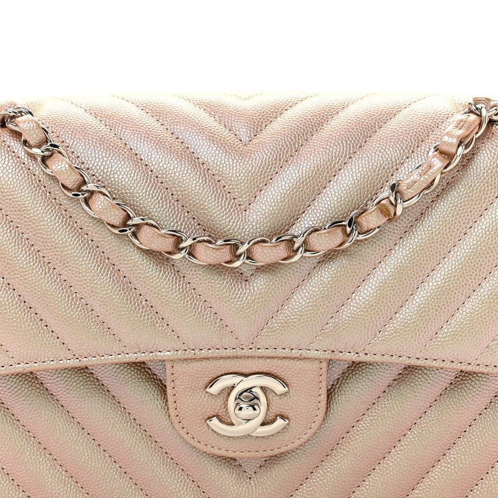 Metallic Caviar Chevron Quilted Medium Double Flap Light Gold At My store