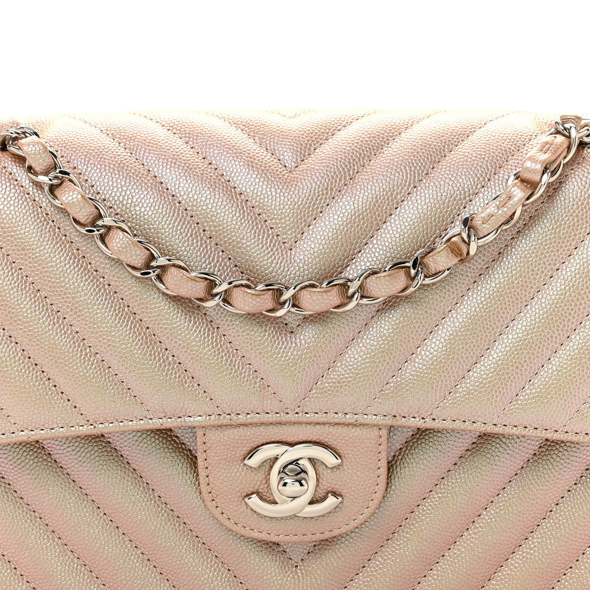 Metallic Caviar Chevron Quilted Medium Double Flap Light Gold At My store