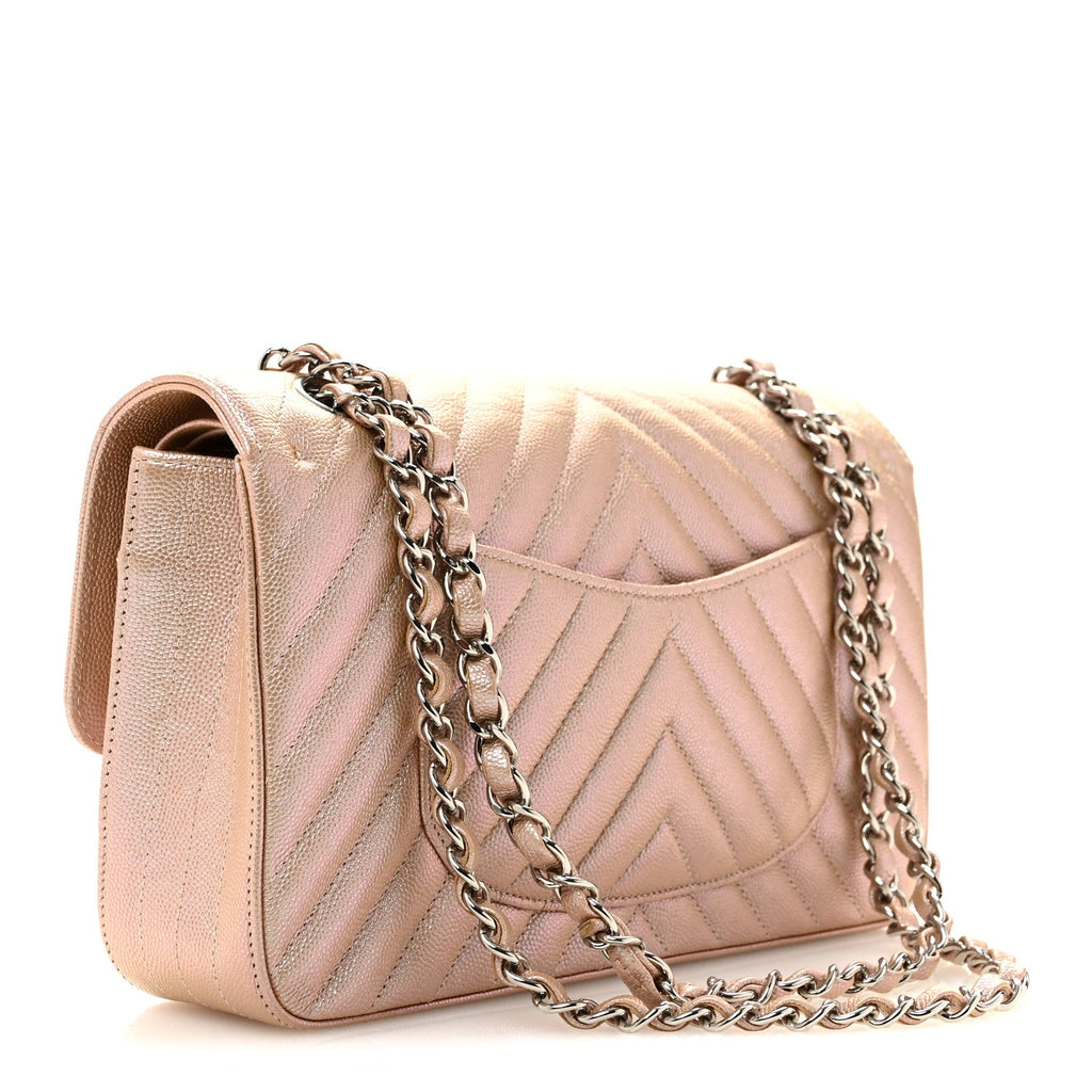 Metallic Caviar Chevron Quilted Medium Double Flap Light Gold At My store