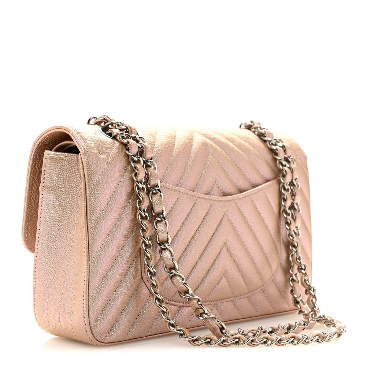 Metallic Caviar Chevron Quilted Medium Double Flap Light Gold At My store