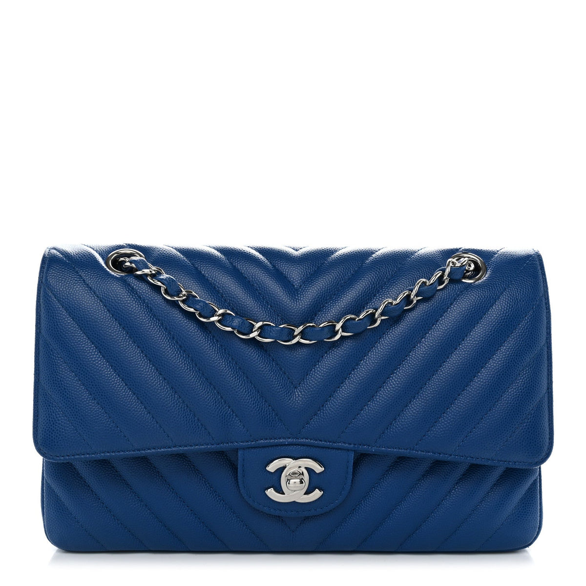 Caviar Chevron Quilted Medium Double Flap Blue At My store