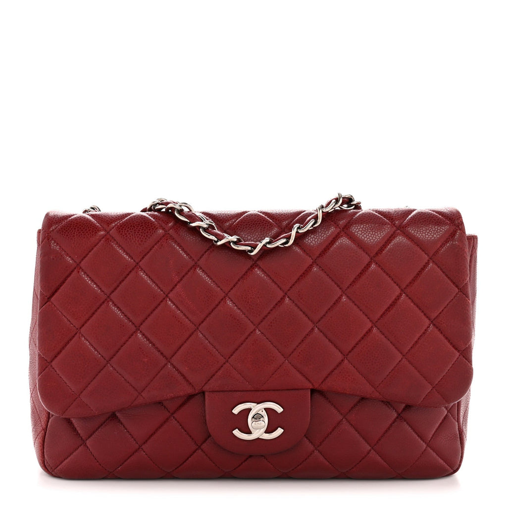 Caviar Quilted Jumbo Double Flap Dark Red At My store