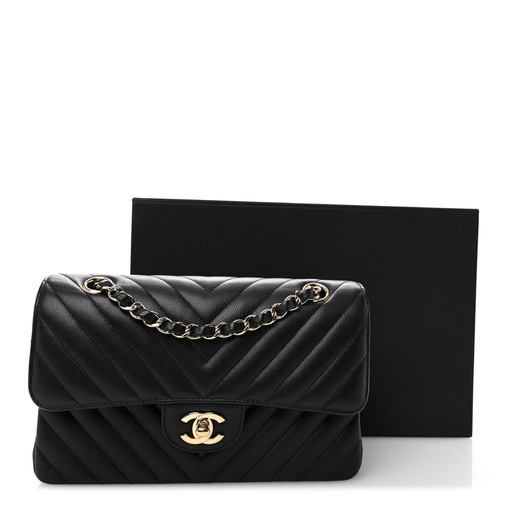 Caviar Flat Chevron Quilted Small Double Flap Black At My store