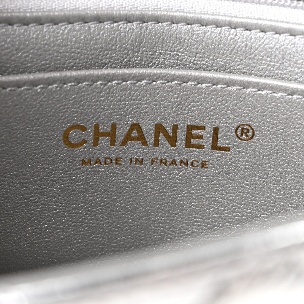 Hammered Metallic Calfskin Quilted Small Double Flap Silver At My store