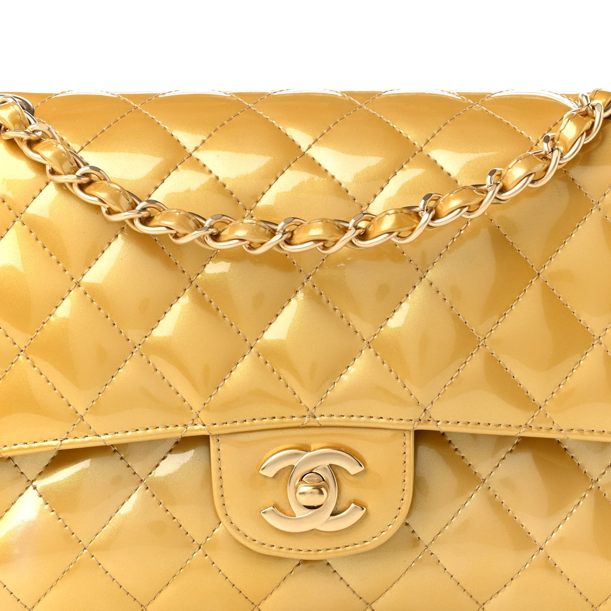 Metallic Patent Quilted Medium Double Flap Gold At My store
