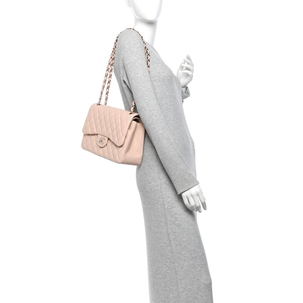 Caviar Quilted Jumbo Double Flap Light Beige At My store