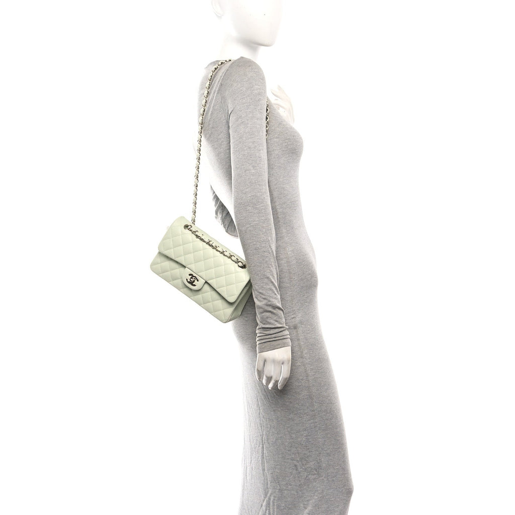 Caviar Quilted Small Double Flap Light Green At My store