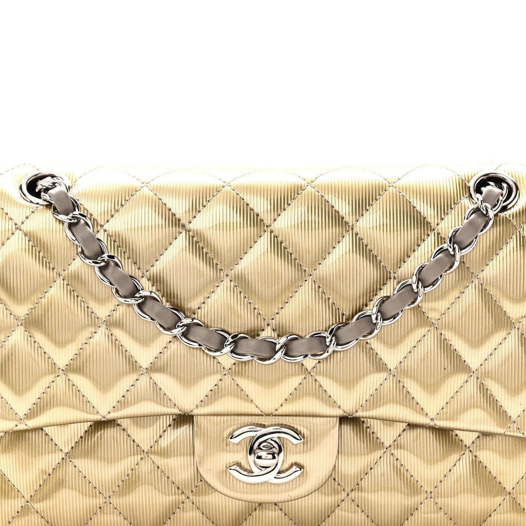 Striated Patent Quilted Medium Double Flap Gold At My store