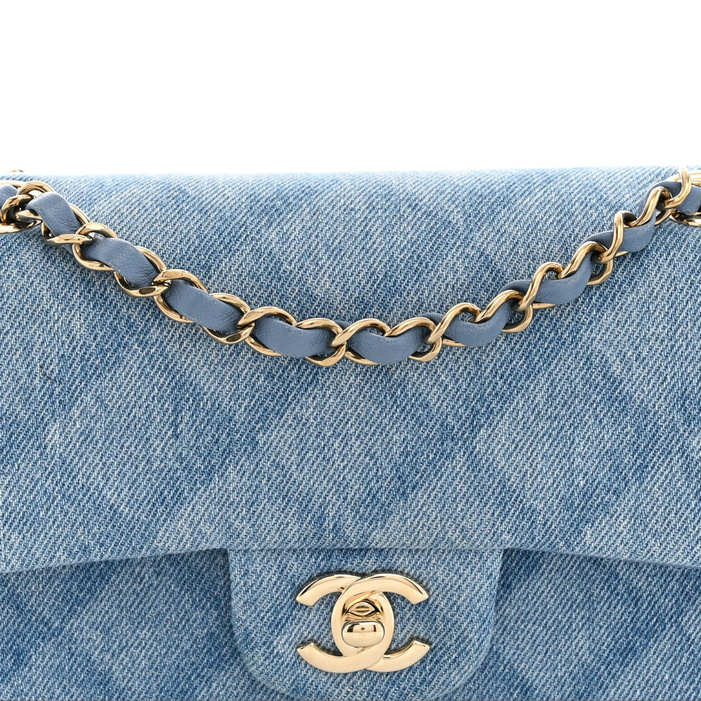 Printed Denim Quilted Small Double Flap Light Blue At My store
