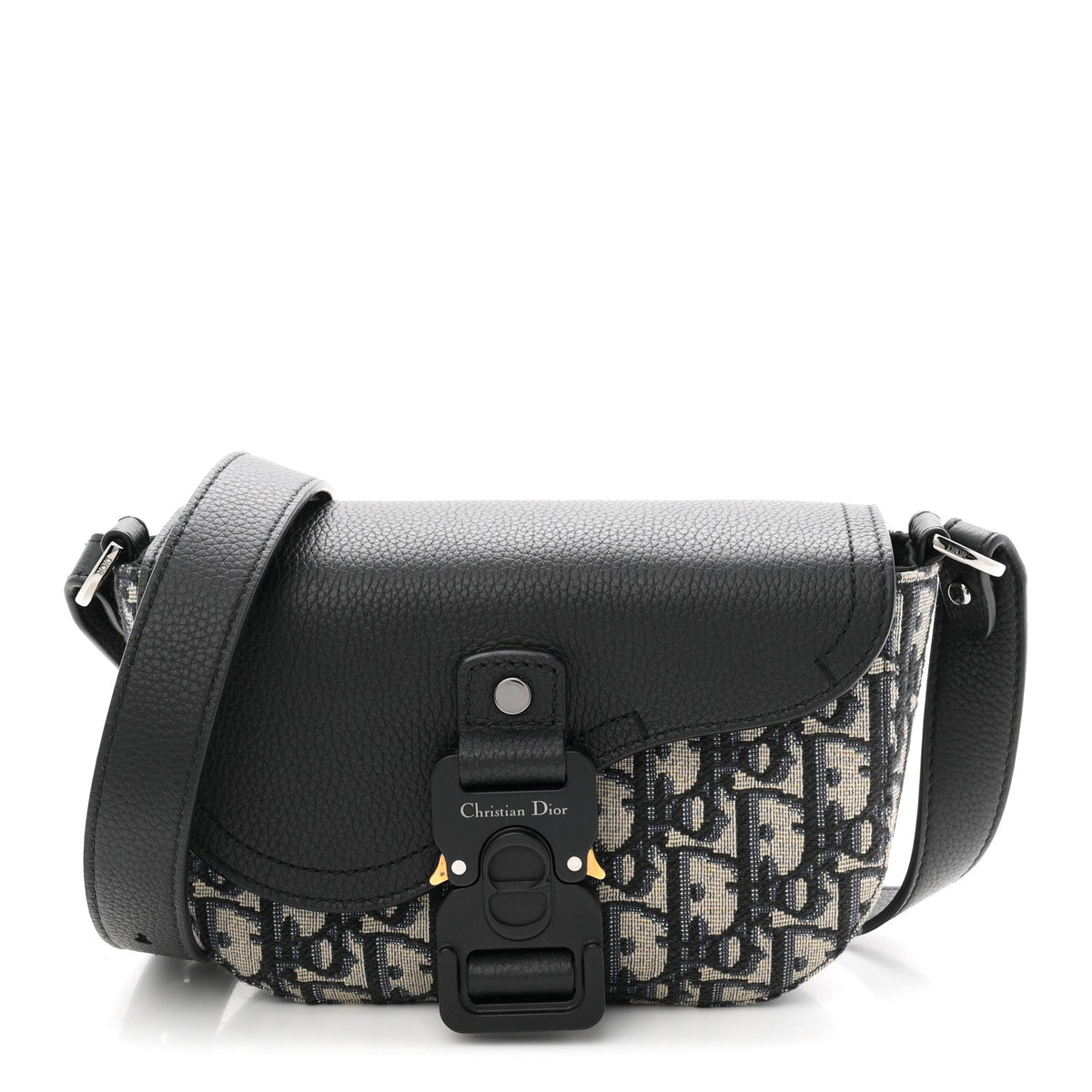 Grained Calfskin Oblique Mini Saddle Messenger Bag With Flap Beige Black AT My store