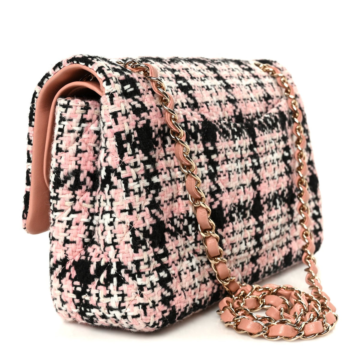 Tweed Quilted Medium Double Flap Pink Black White At My store