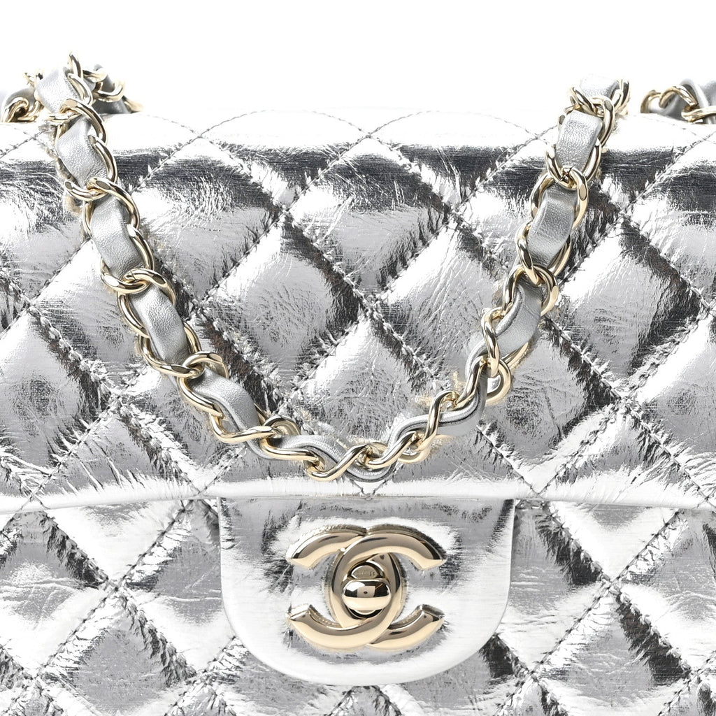 Hammered Metallic Calfskin Quilted Small Double Flap Silver At My store