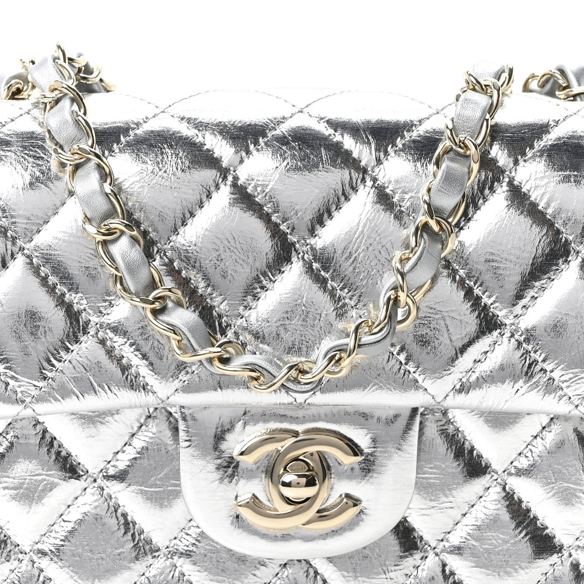 Hammered Metallic Calfskin Quilted Small Double Flap Silver At My store